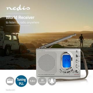 Nedis  Weltradio | Tragbares Design | AM / FM / SW | Batterieantrieb / Stromadapter | Digital | 1,5 w | Kopfhörerbuchse | Wecker | Schlaftimer | Grau 