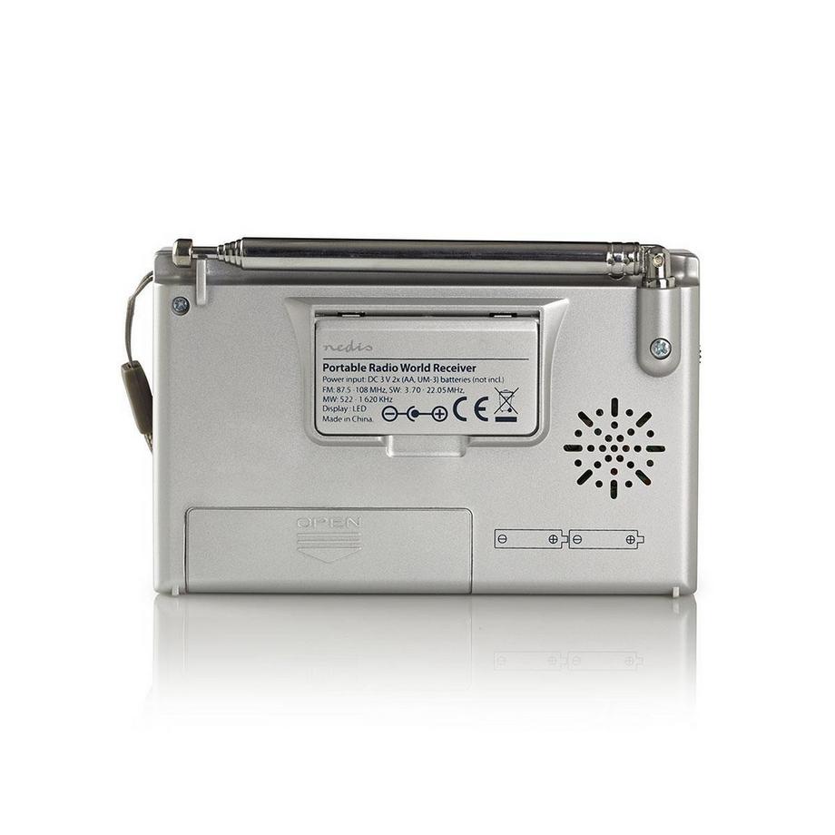 Nedis  Radio mondiale | Conception portable | AM / FM / SW | Adaptateur alimentaire / électricité de batterie | Numérique | 1,5 W | Prise casque | Réveil | Minuterie de sommeil | Gris 