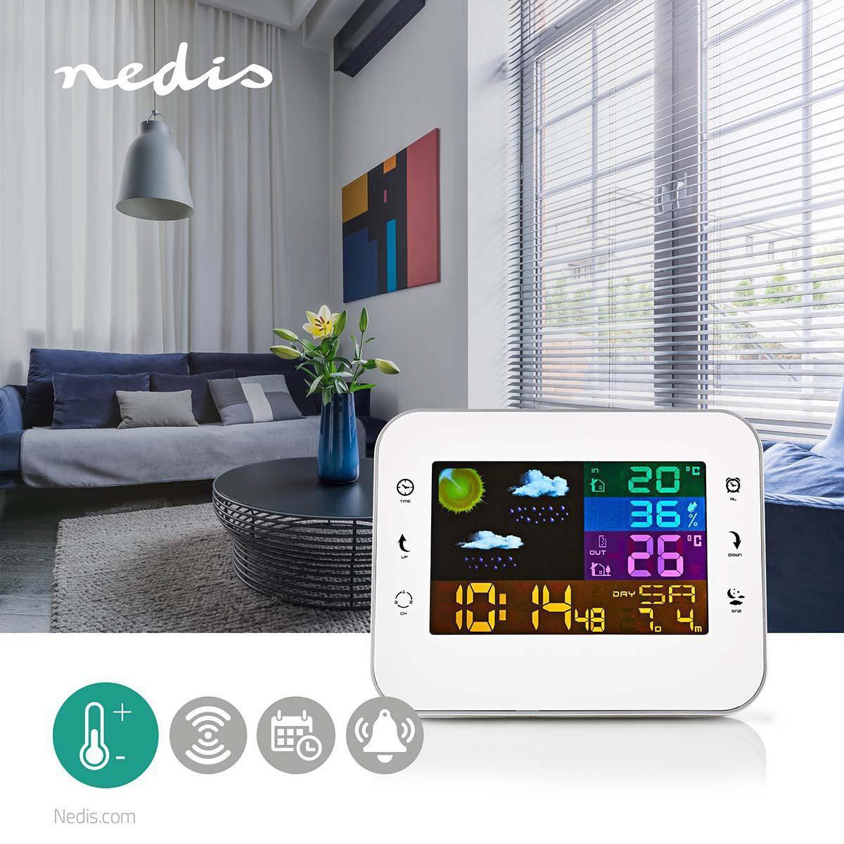 Nedis  Stazione meteorologica | per interni ed esterni | con sensore meteo wireless incluso | previsioni del tempo | visualizzazione dell'ora | display LCD a colori | funzione sveglia 