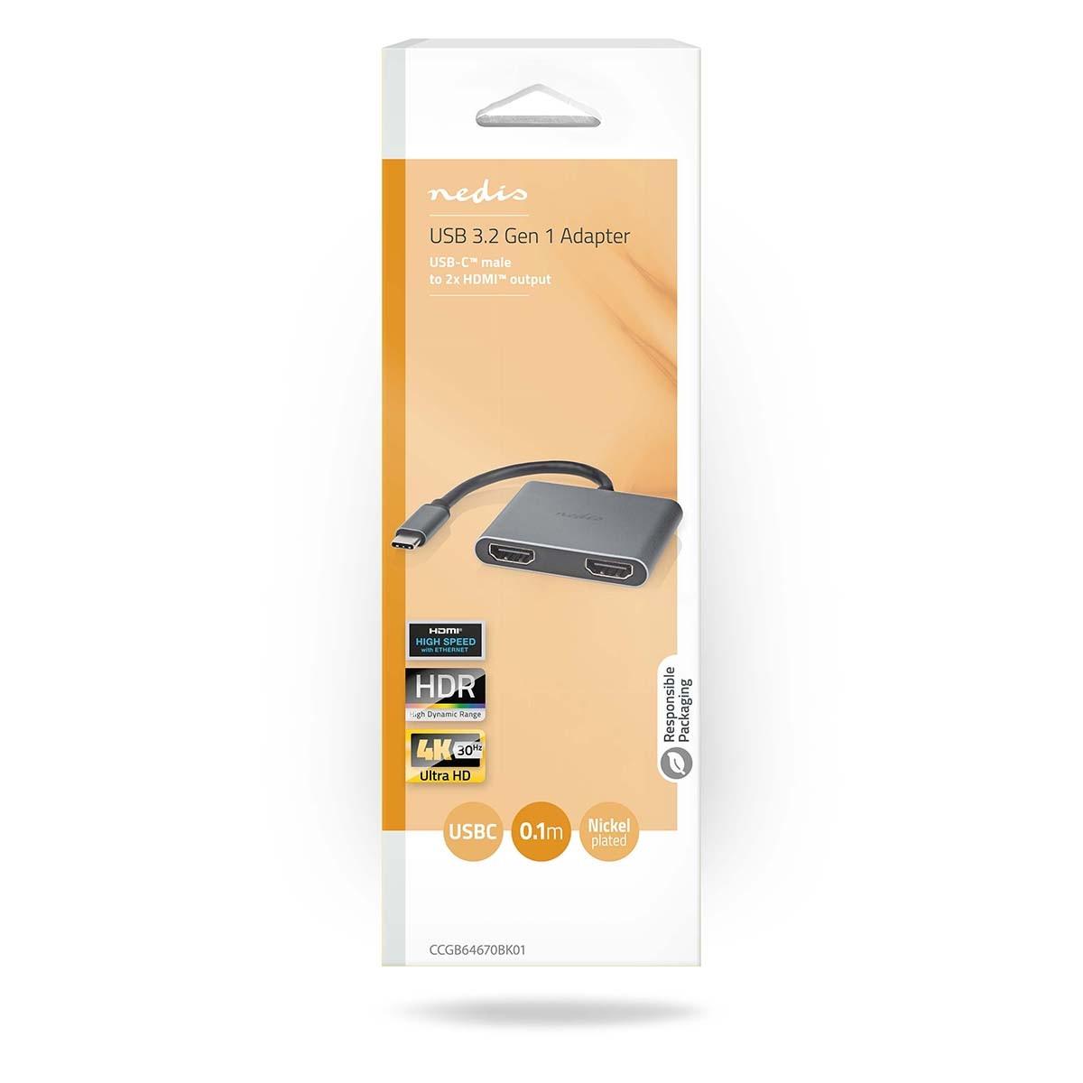 Nedis  USB-C™ Adapter | USB 3.2 Gen 1 | USB-C™ Male | 2x HDMI™ | 4K@30Hz | 0,10 m | Rund | Vernickelt | PVC | Schwarz | Box 
