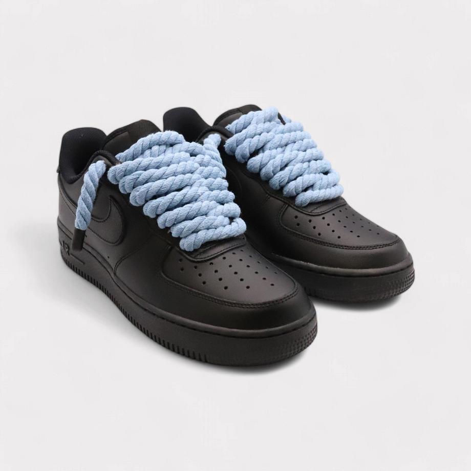 NIKE Air Force 1 Black Rope Lace Light Blue Sneakers  