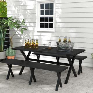 Outsunny Set Di Tende Da Birra Da 3 Pezzi. Tavolo 2 Panche Foro Per Ombrellone Aspetto Legno Terrazza Balcone 180X80X73Cm Nero  