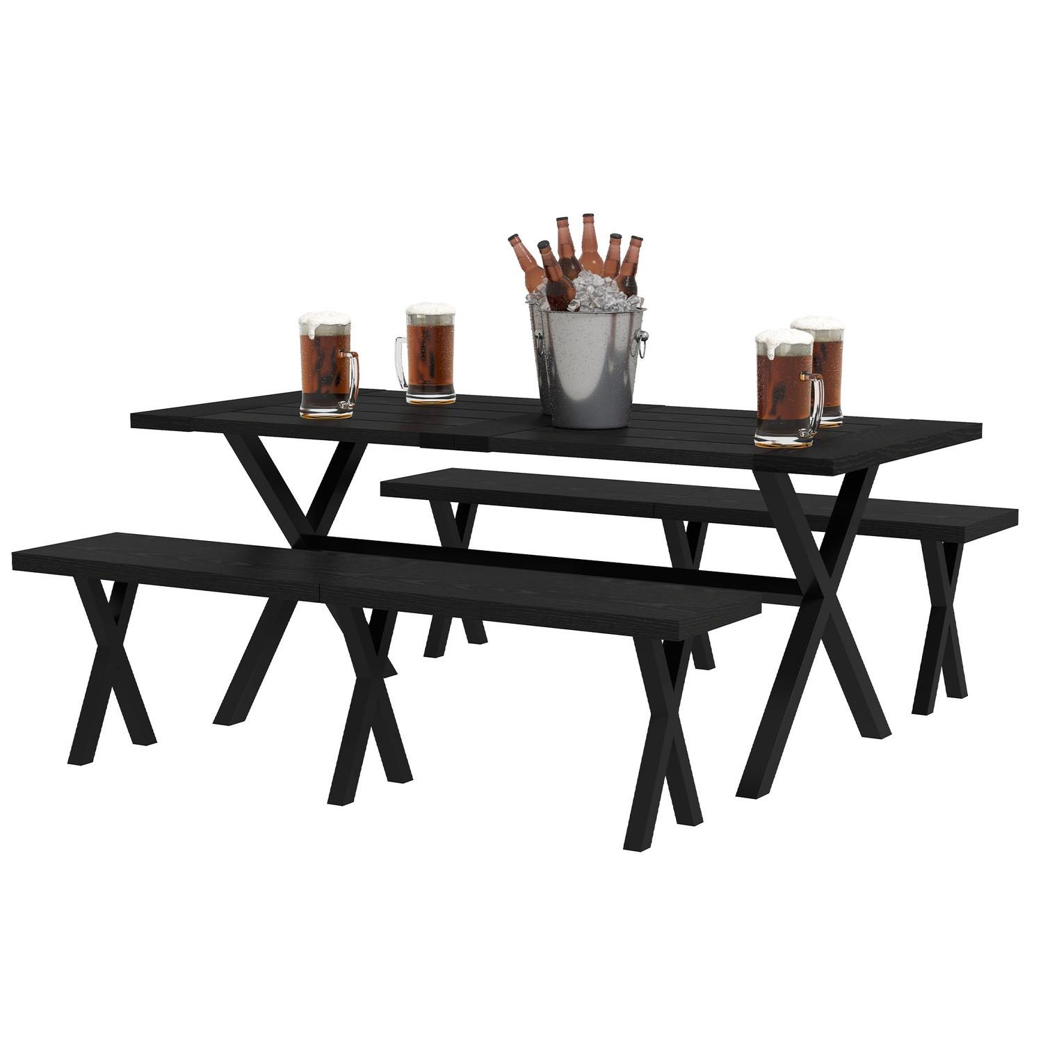 Outsunny Bierzeltgarnitur 3-Tlg. Tisch 2 Bänke Schirmloch Holzoptik Terrasse Balkon 180X80X73Cm Schwarz  