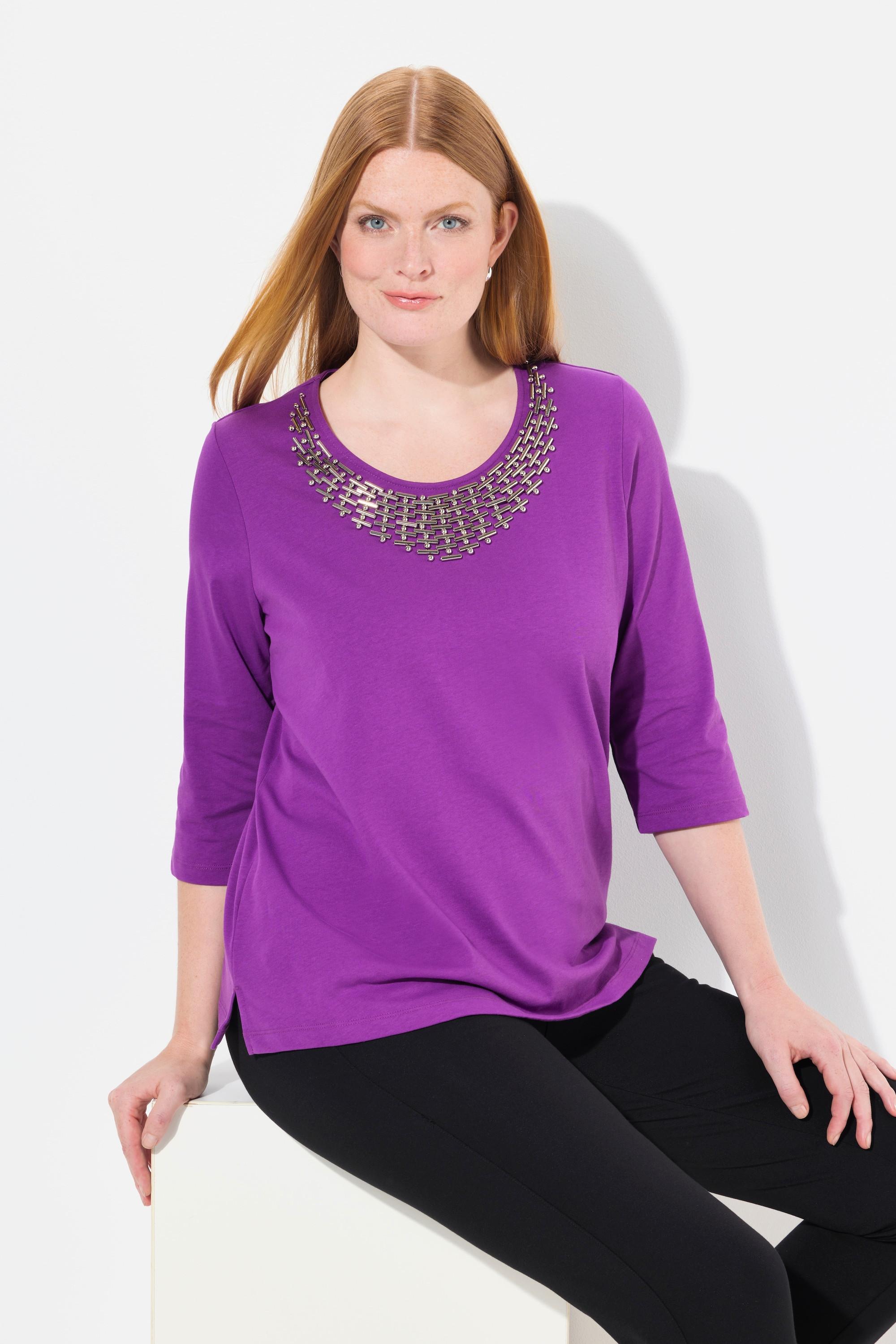 Ulla Popken  Shirt, Collier-Verzierung, Classic, Rundhals, 3/4-Arm 