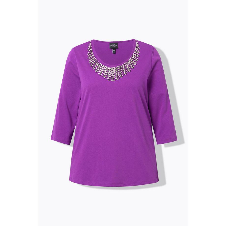 Ulla Popken T-shirt Classic Col Rond Manches 3/4 avec Collier Fantaisie  