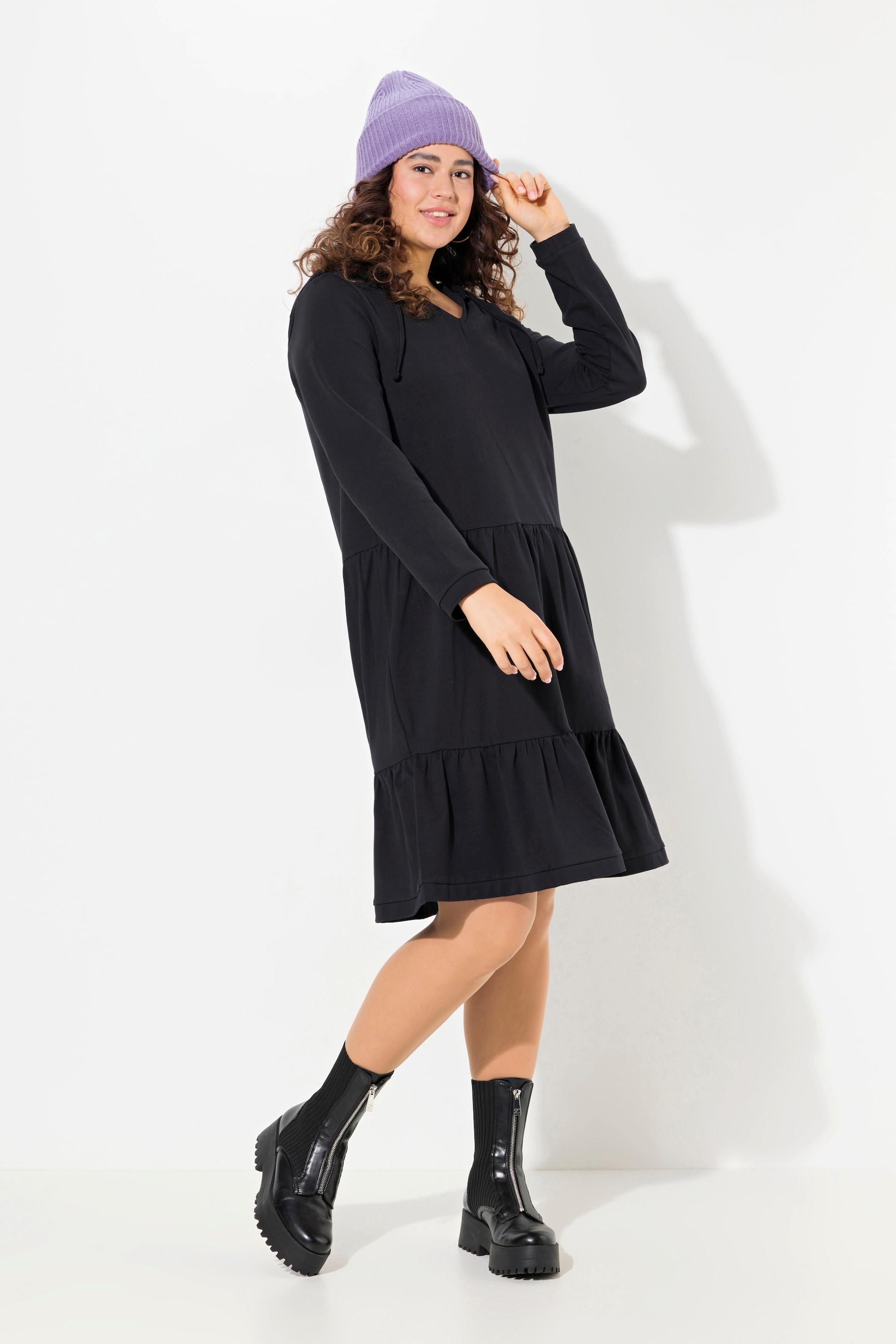 Ulla Popken  Sweatkleid, Kapuze, A-Linie, V-Ausschnitt, Langarm 