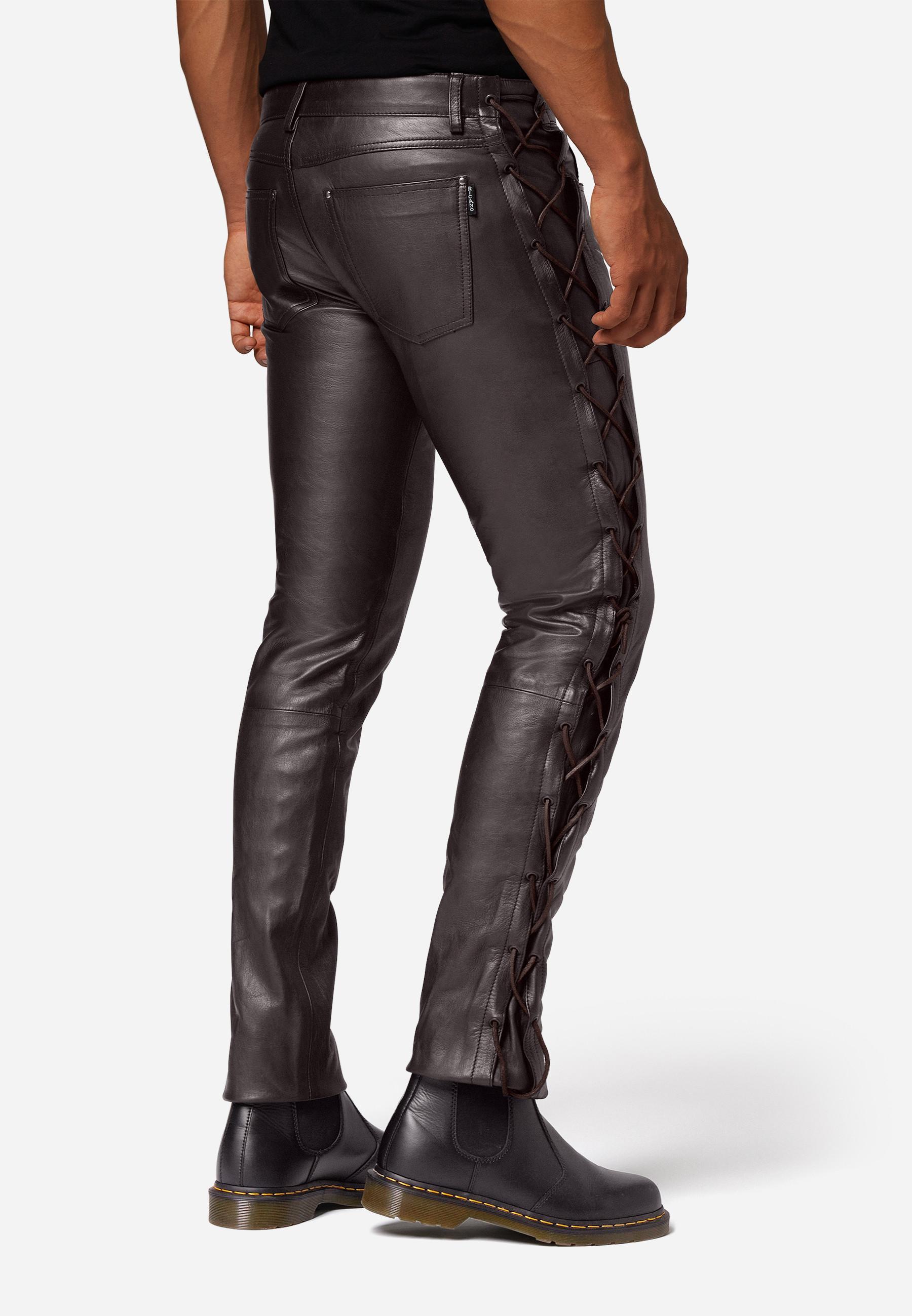 RICANO  Pantalon en cuir pour hommes, avec lacets, en cuir de vache ciré. 