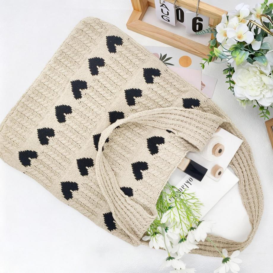 Only-bags.store Sac de plage tricoté avec motif cœur  