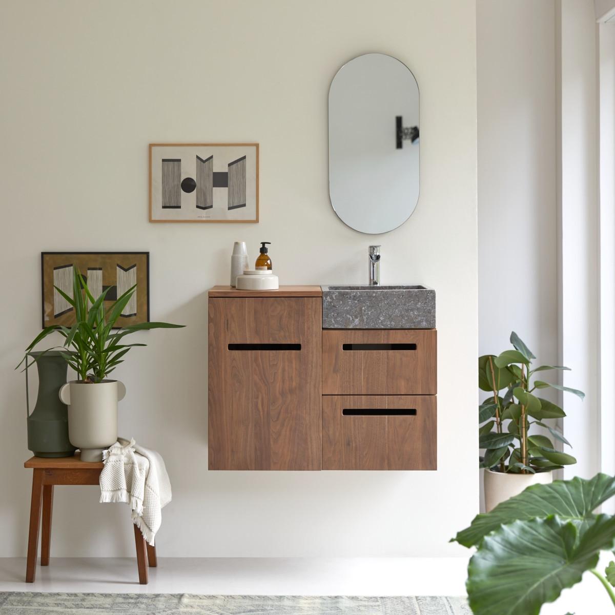 Tikamoon Badezimmerschrank aus Nussbaum massiv und Marmor 85 cm Line  