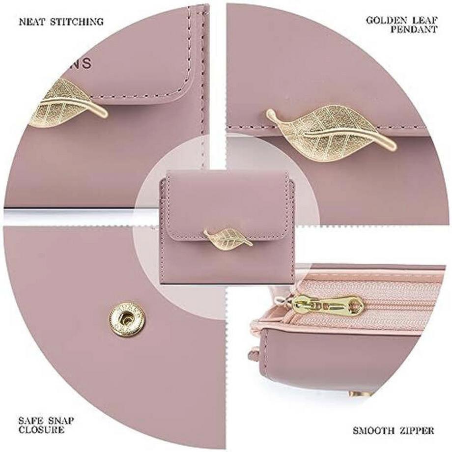 Only-bags.store Portafoglio piccolo RFID Blocking in pelle PU con accento foglia dorata  