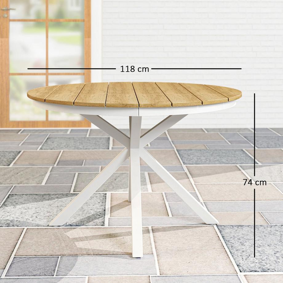 Northio Gartentisch Ø118cm, Wetterfest Balkontisch aus Aluminium, Beistelltisch mit Kreuzbeine Lattendesign Esstisch Outdoor, Campingtisch, rund Terrassentisch für Garten Balkon Teak |  