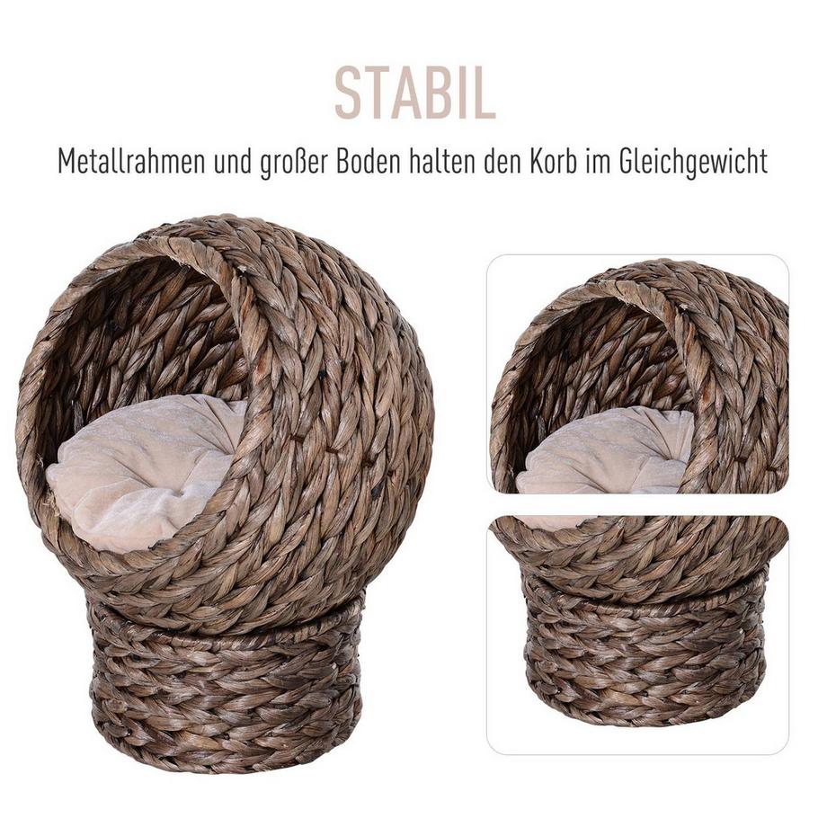 Northio  Rattan Katzenkorb Kuschelige Katzenhöhle Mit Kissen, Haustierbett Aus Wasserhyazinthe, Dunkelbraun, 42X33X52Cm 