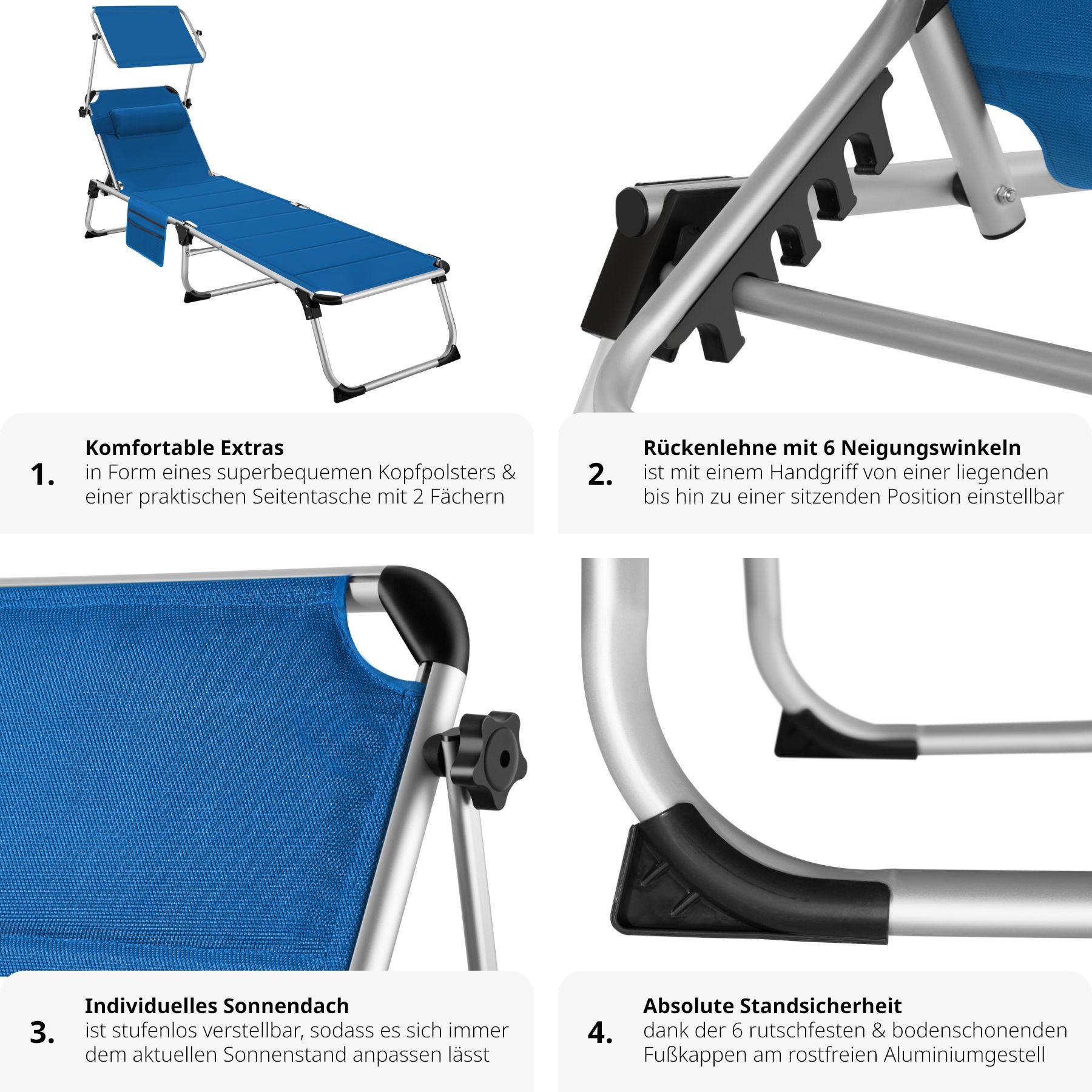 Tectake Sonnenliege mit Aluminiumgestell, stufenlos verstellbares Sonnendach  