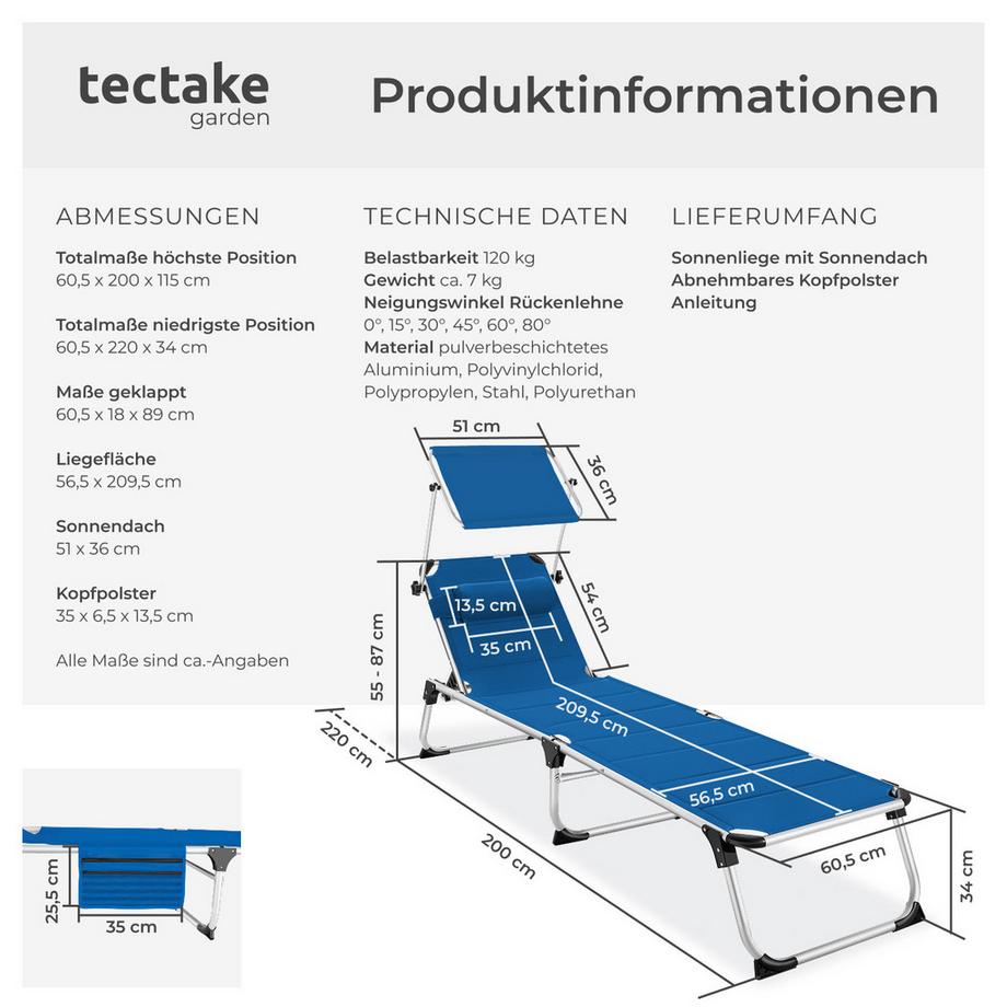 Tectake Aluminium Sonnenliege Lorella gepolstert, klappbar wetterfest und UV-beständig  