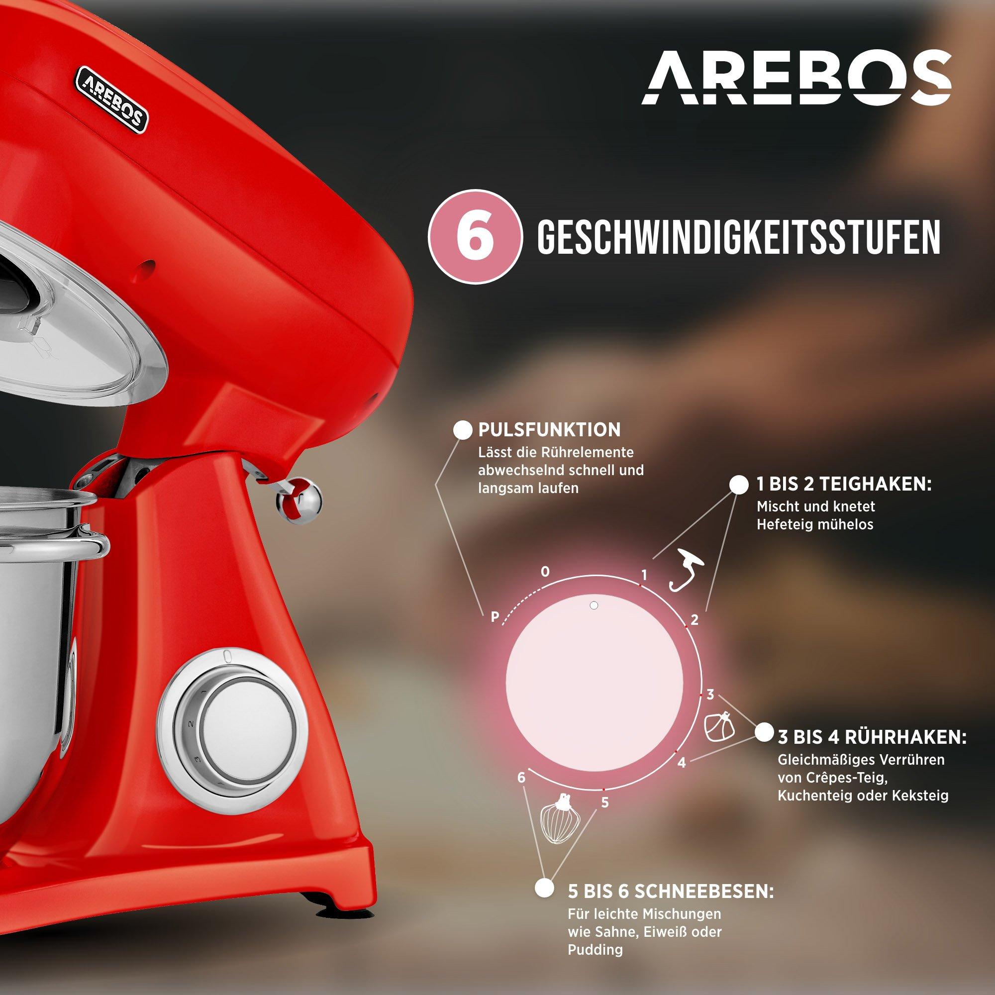 Arebos Küchenmaschine 1800W 6L Edelstahl-Rührschüssel Geräuscharm 6 Stufen  