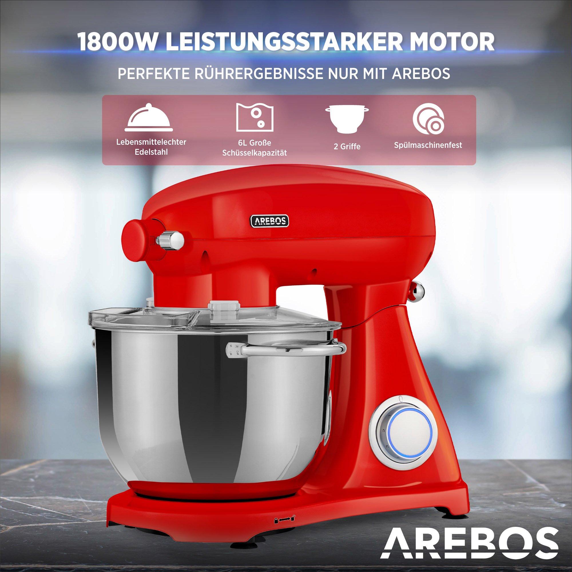 Arebos Robot de Cuisine 1800W 6L Acier inoxydable-Bol mélangeur 6 étapes  