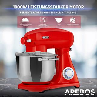 Arebos Küchenmaschine 1800W 6L Edelstahl-Rührschüssel Geräuscharm 6 Stufen  