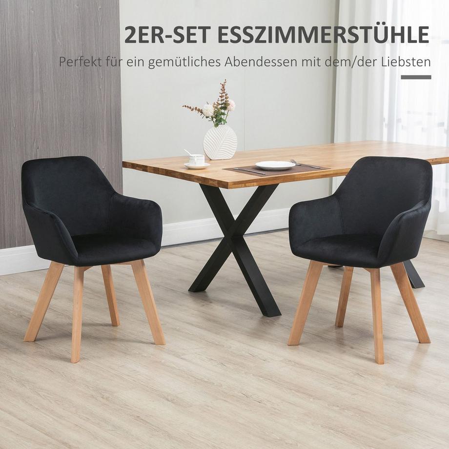 Northio Set di 2 sedie da cucina, portata 120 kg, ergonomiche, con braccioli estesi, schienale, poliestere, legno, 54x57x80 cm, nero  
