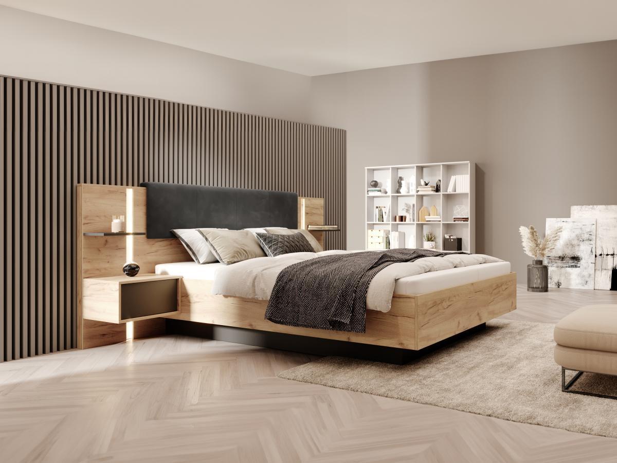 Vente-unique Bett mit Nachttischen - 140 x 190 cm - Mit LED-Beleuchtung - Holzfarben & Anthrazit - ELYNIA  