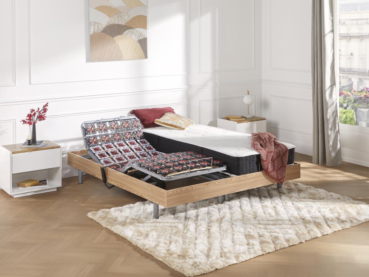 Vente-unique Matratzen elektrischer Lattenrost 2erSet mit Tellermodulen Taschenfederkern Memory Schaum PHANES OKINMotoren Eiche  