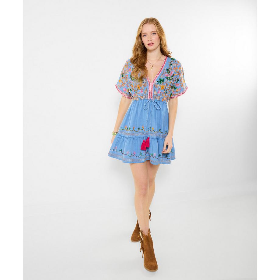 Jeans-Tunika-Kleid mit Stickerei und ausgestellten Ärmeln