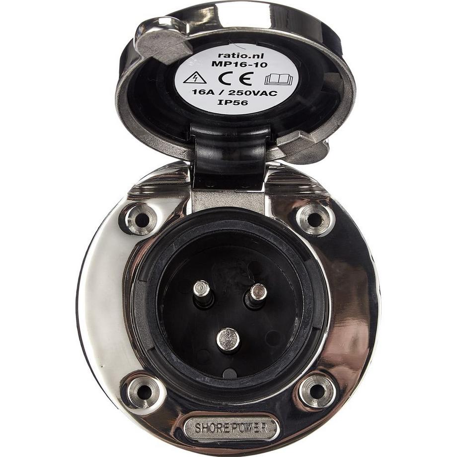 Victron Energy  Landanschluss-Steckdose Victron Edelstahl mit Abdeckung 16A/250Vac (2p/3w) 