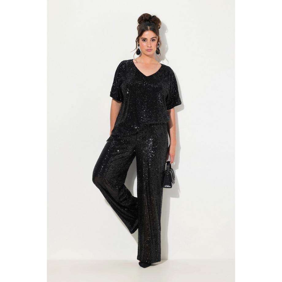 Ulla Popken Pantaloni Paillettes Taglio Gamba Ampio Cintura Elastica  