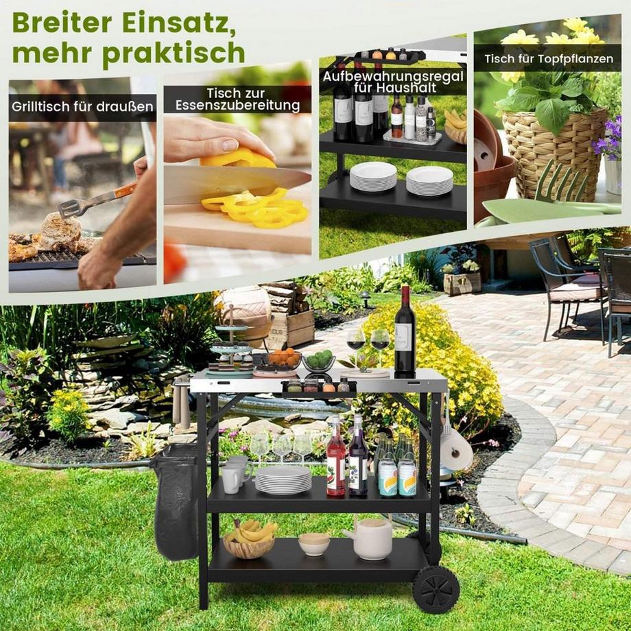 Northix  Grilltisch mit 3 Ablagen & Handyständer & Gewürzregal & Handtuchhalter Servierwagen 