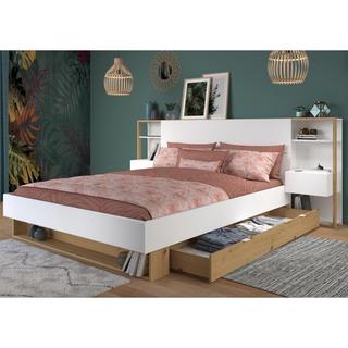 Vente-unique Letto con comodini e scomparti 160 x 200 cm Bianco e Naturale + Rete - MISTA  