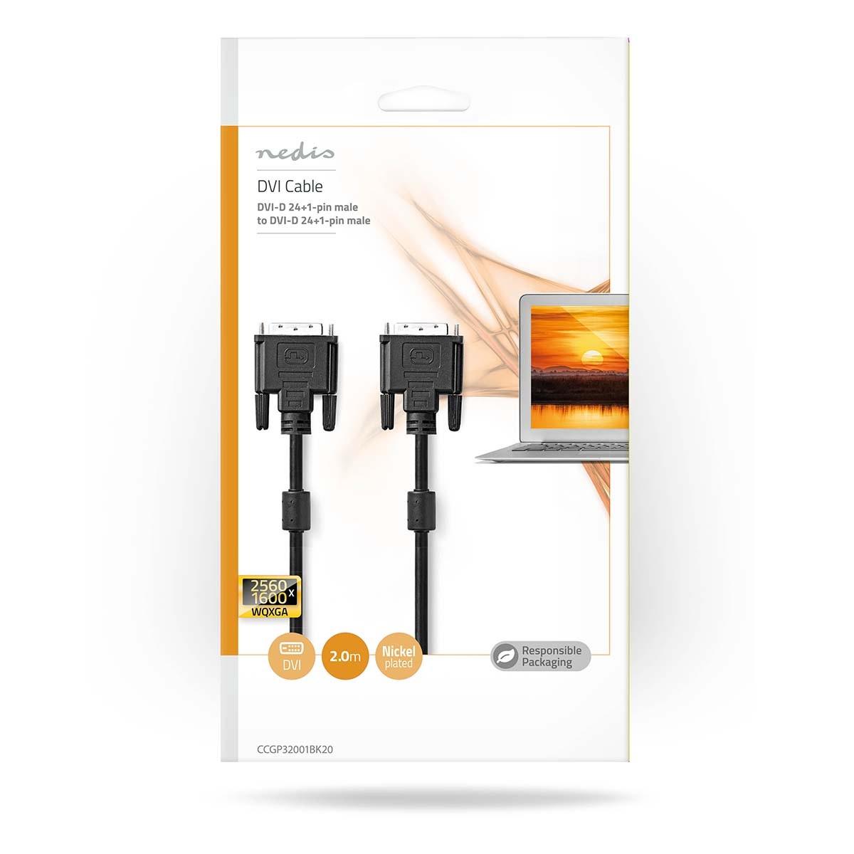 Nedis  DVI-Kabel | DVI-D 24+1-Pin Stecker | DVI-D 24+1-Pin Stecker | 2560x1600 | Vernickelt | 2,00 m | Gerade | PVC | Schwarz | Kunststoffbeutel 