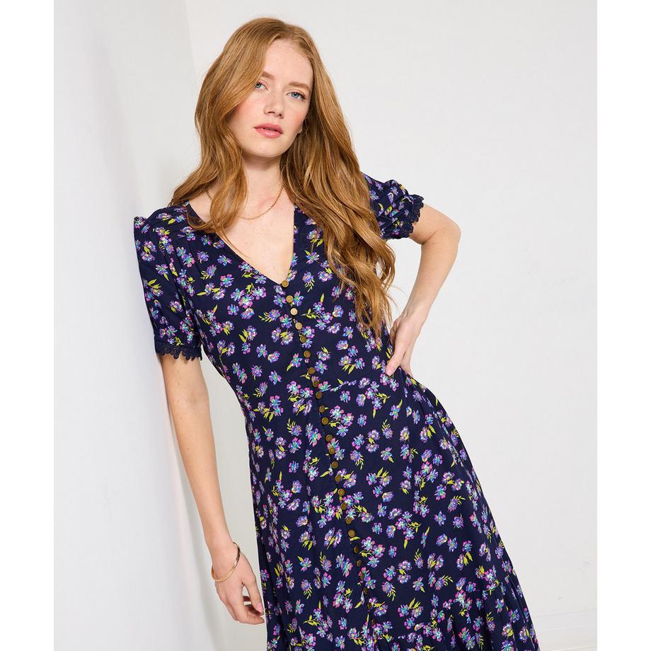 Joe Browns Vintage Blumen Puffärmel V-Ausschnitt Midikleid  