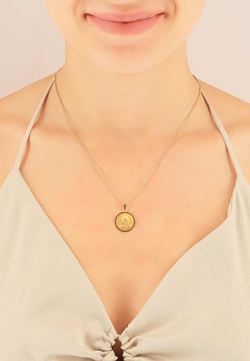 MUAU Schmuck  Anhänger Medaille Engel Gelbgold 750, 16mm 