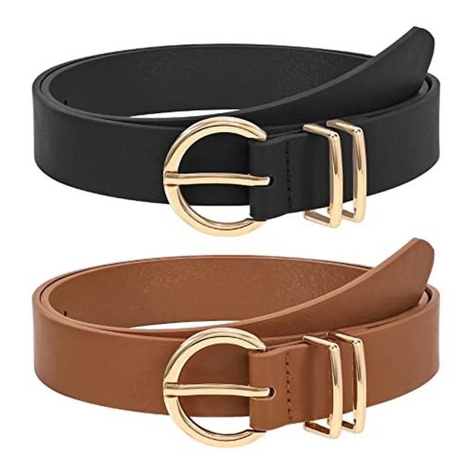2 pieces leather belt gold buckle leather belt for jeans pants dress, black/brown, 110cm