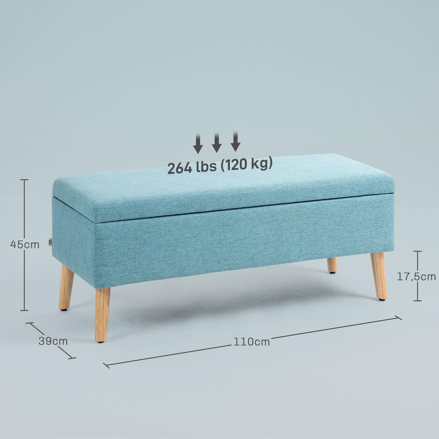 Northio Banc banquette rembourrée avec espace de rangement banc de lit aspect lin pour couloir chambre salon bois d'hévéa bleu 110 x 39 x 45 cm  