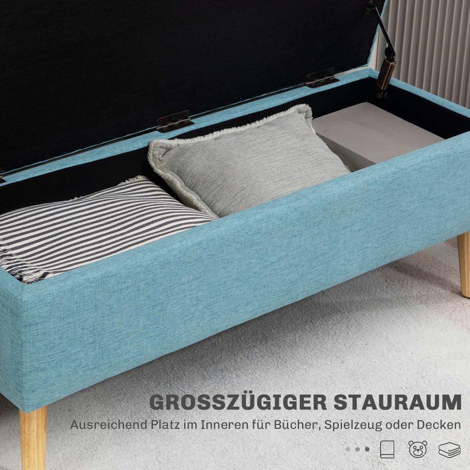 Northio Sitzbank Polsterbank mit Stauraum Bettbank mit Leinenoptik für Flur Schlafzimmer Wohnzimmer Gummiholz Blau 110 x 39 x 45 cm  