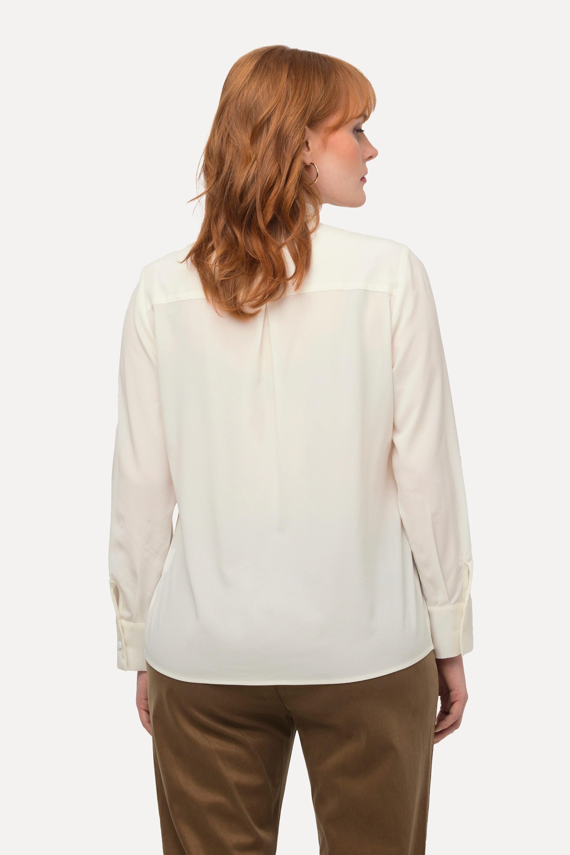 Ulla Popken  Blusa in seta elasticizzata con collo alto, ruches e maniche lunghe 