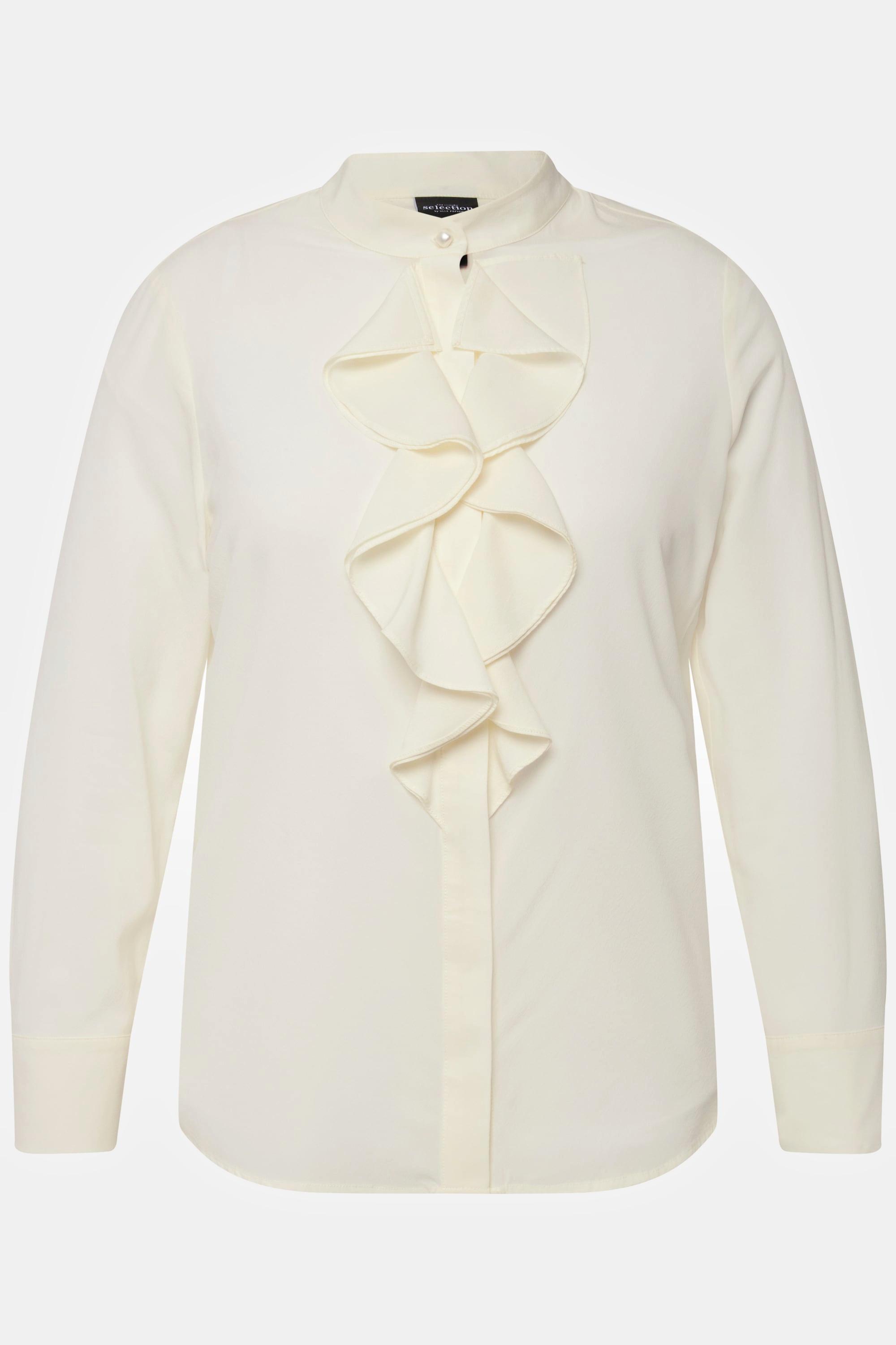 Ulla Popken  Blouse stretch en soie, col montant et manches longues, ruché 