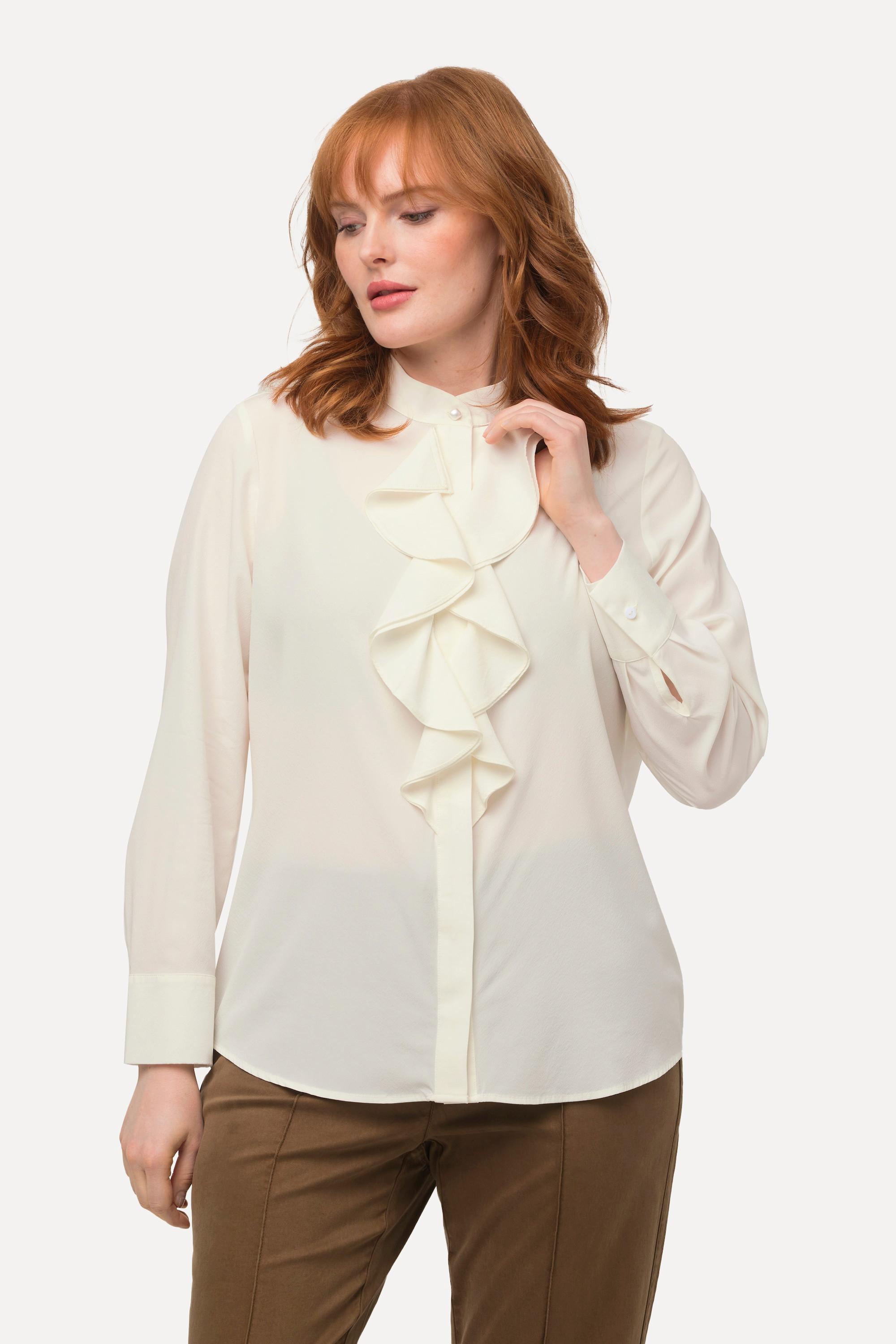 Ulla Popken  Blouse stretch en soie, col montant et manches longues, ruché 