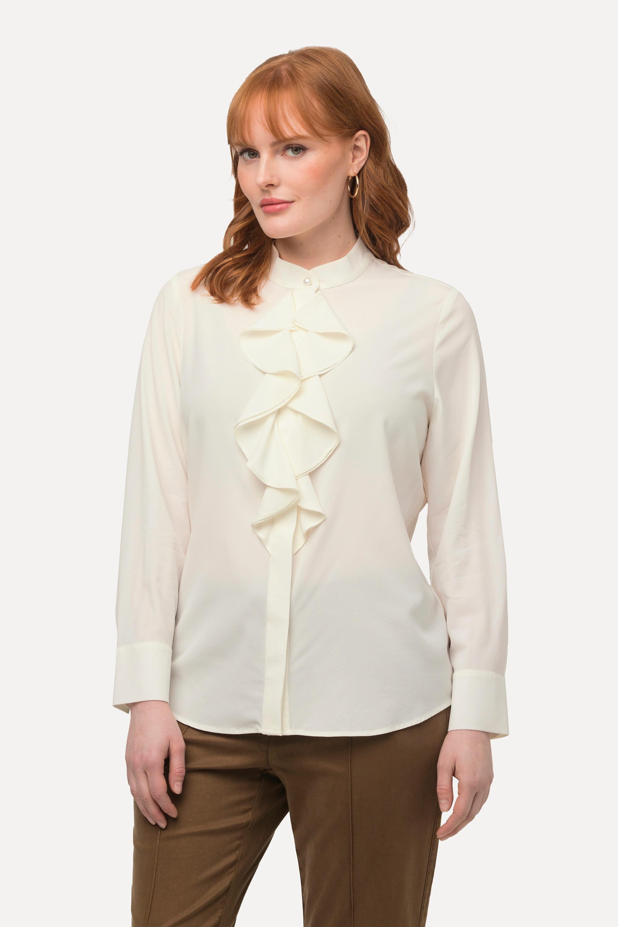 Ulla Popken  Blouse stretch en soie, col montant et manches longues, ruché 