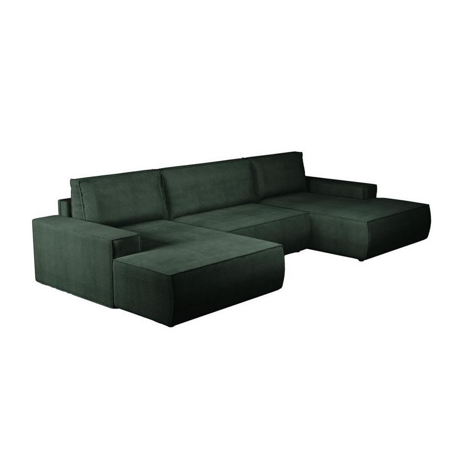 Vente-unique Grand canapé d'angle panoramique convertible en velours côtelé vert sapin AMELIA  