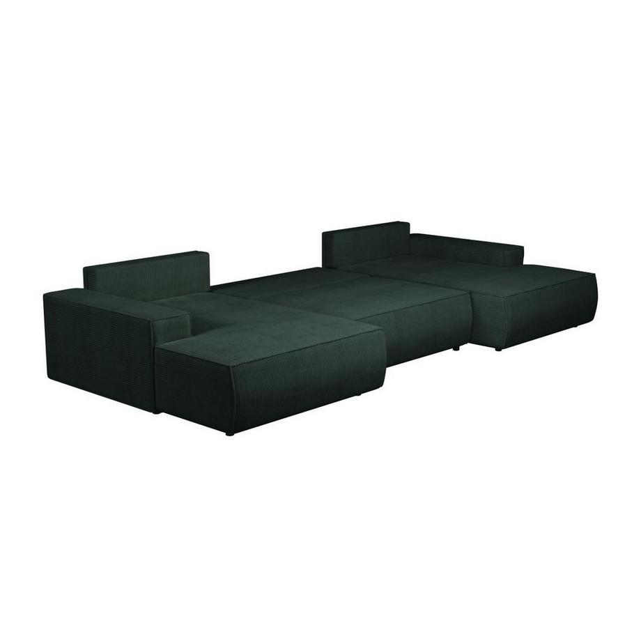 Vente-unique Grand canapé d'angle panoramique convertible en velours côtelé vert sapin AMELIA  