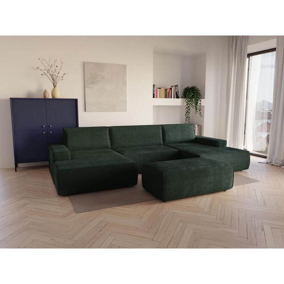 Vente-unique Grand canapé d'angle panoramique convertible en velours côtelé vert sapin AMELIA  