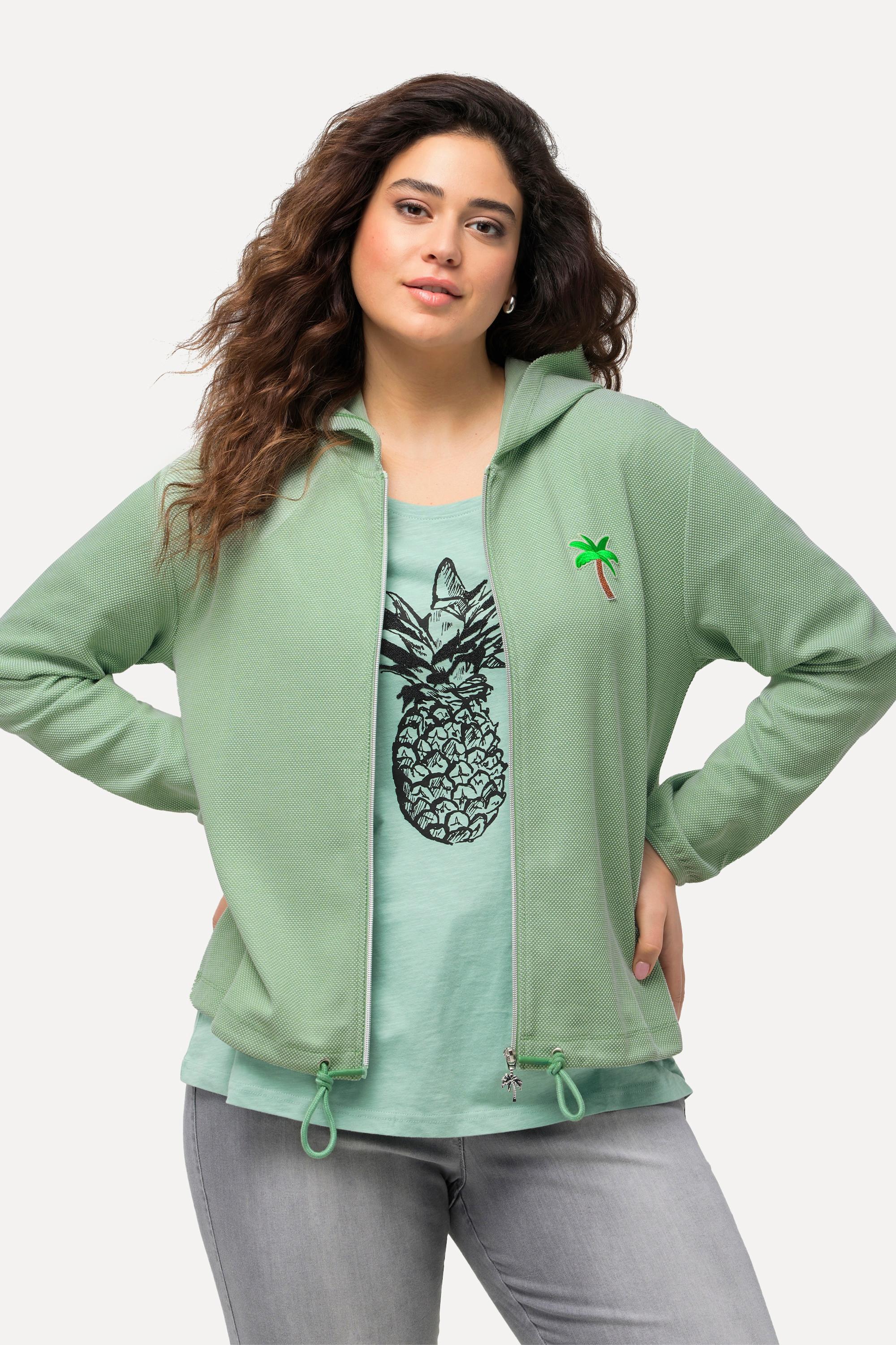 Ulla Popken  Veste à capuche en molleton piqué, broderie cactus 