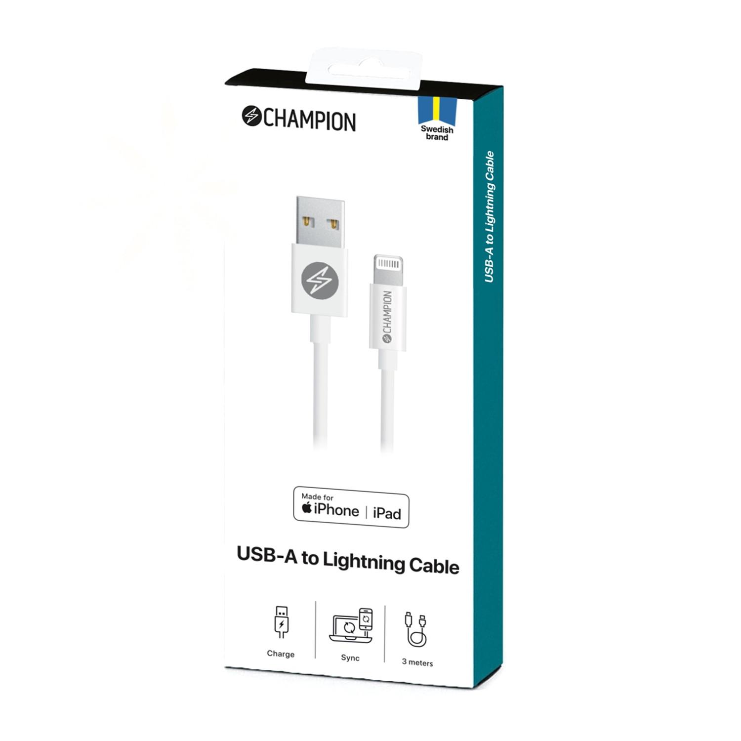 Champion  Câble USB-A vers Lightning 3m Blanc 