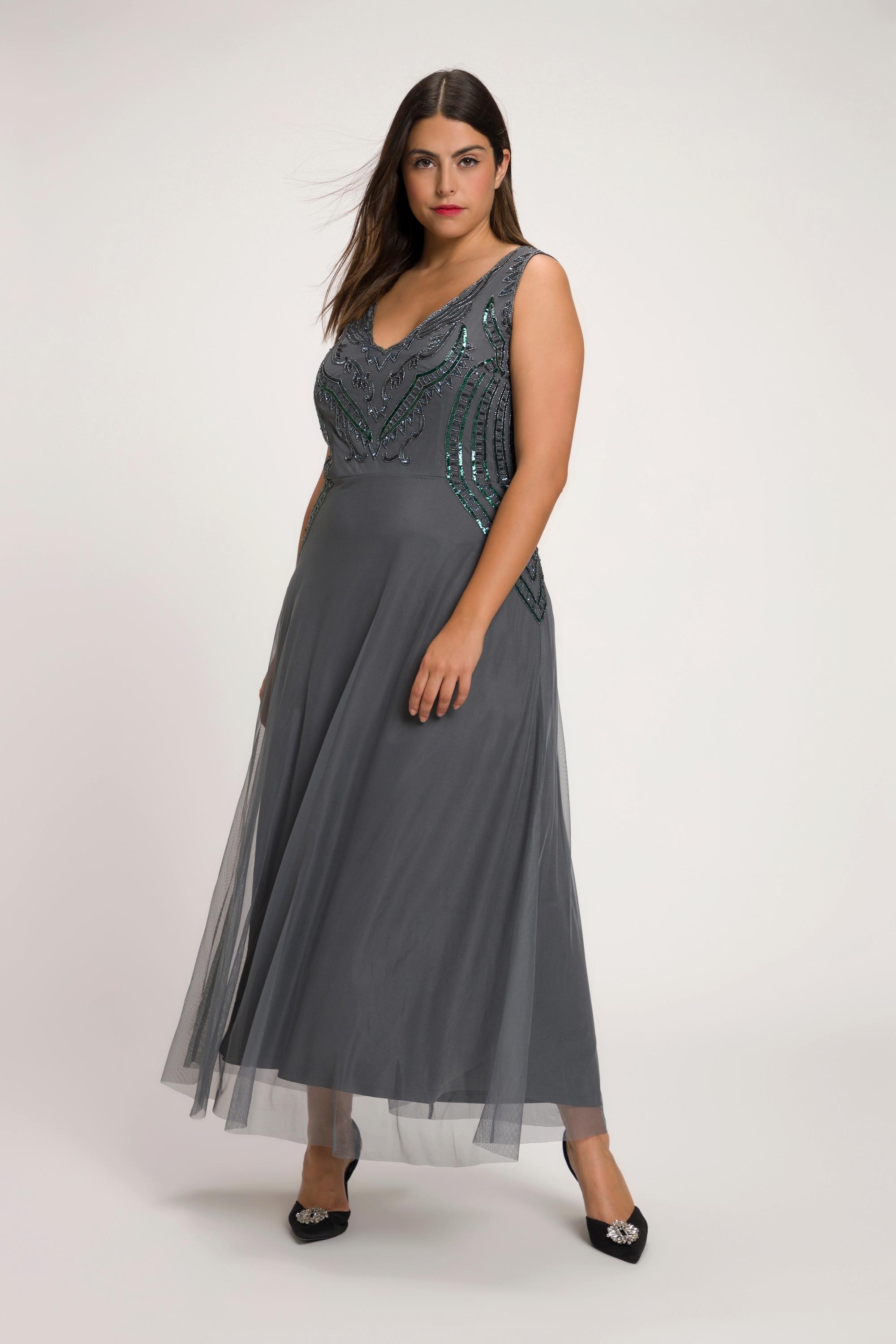 Ulla Popken  Robe maxi, doublée, perles, décolleté en V, sans manches 