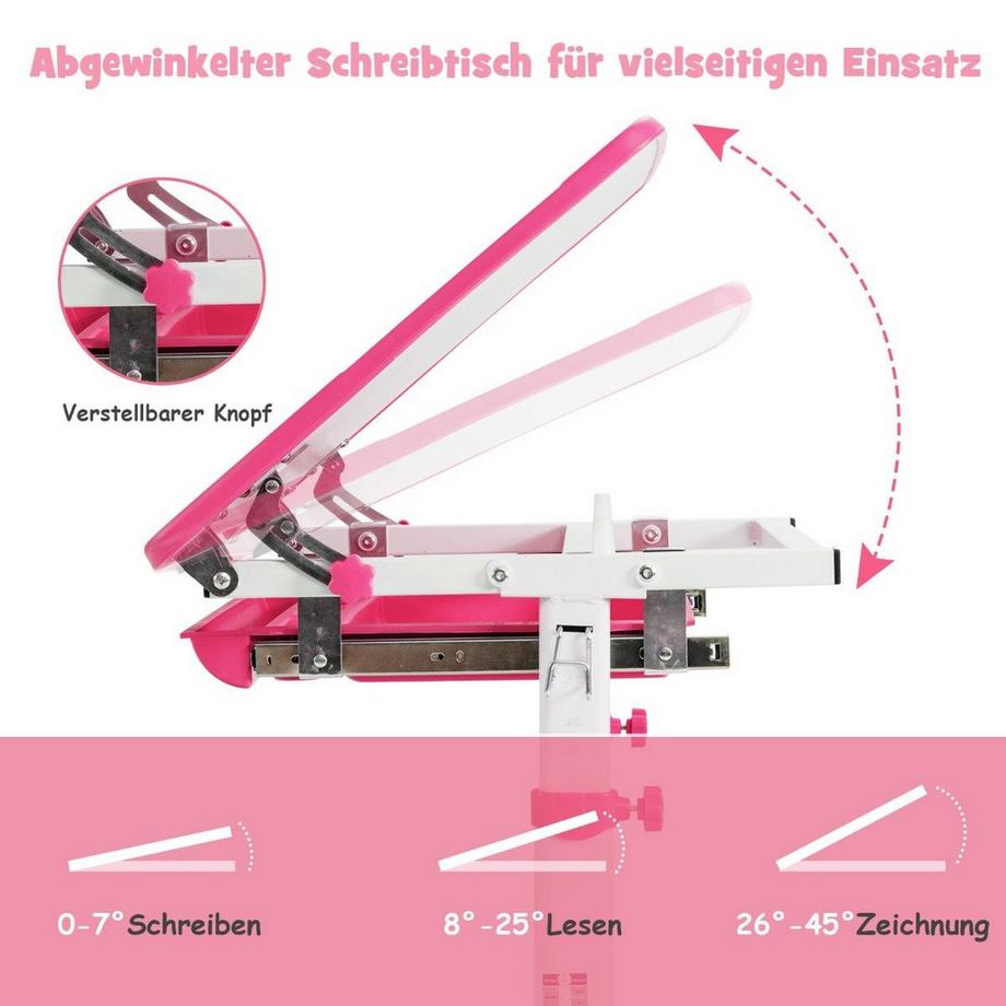 Northix  Höhenverstellbares Kinderschreibtisch Set mit Neigbarer Tischplatte & Schublade Rosa 