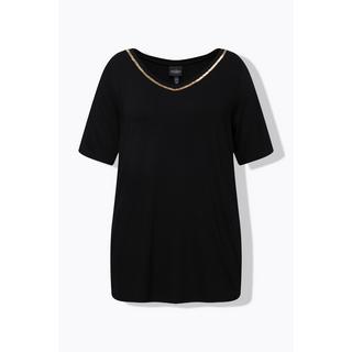 Ulla Popken  T-shirt avec col en V fantaisie et manches longues, coupe évasée 