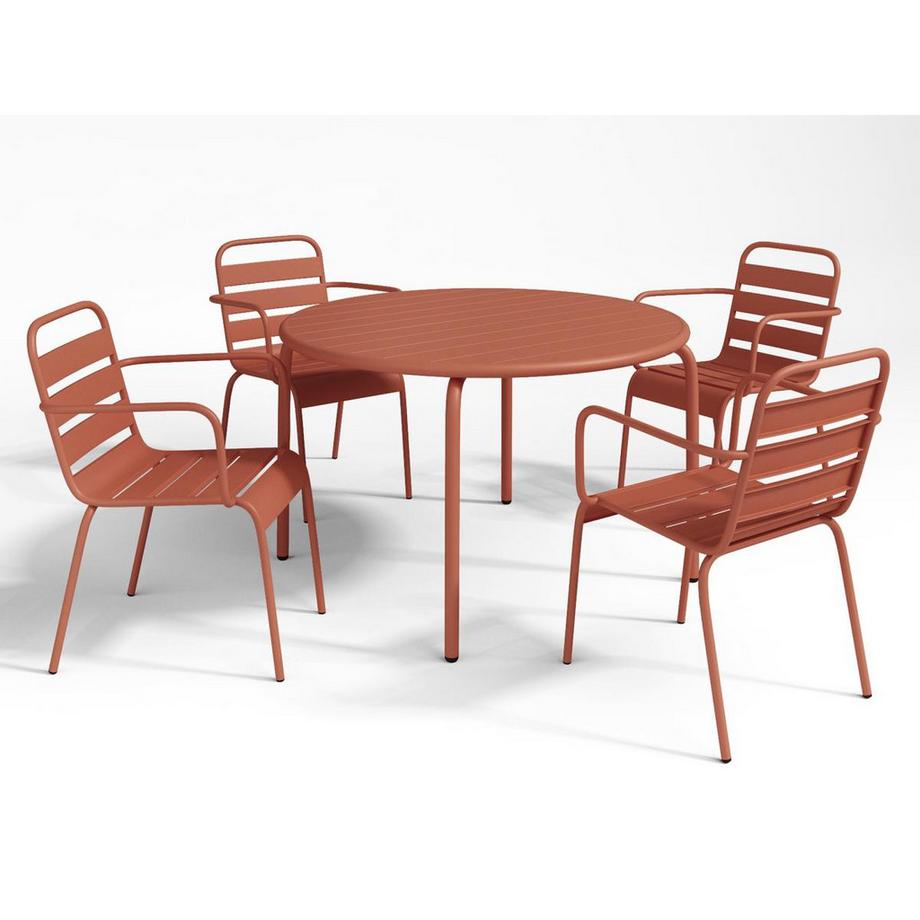 Vente-unique Garten-Essgruppe: Tisch D. 110 cm + 4 stapelbare Sessel - Metall - Terracotta - MIRMANDE von MYLIA  