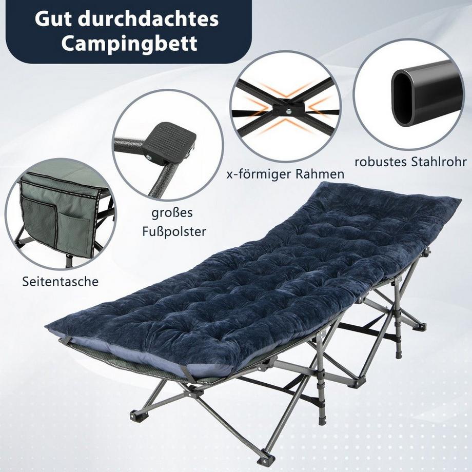 Northix  Coussin pour lit de camp en coton 190 x 70 cm Matelas épaisseur 7 cm avec 4 sangles de fixation bleu 
