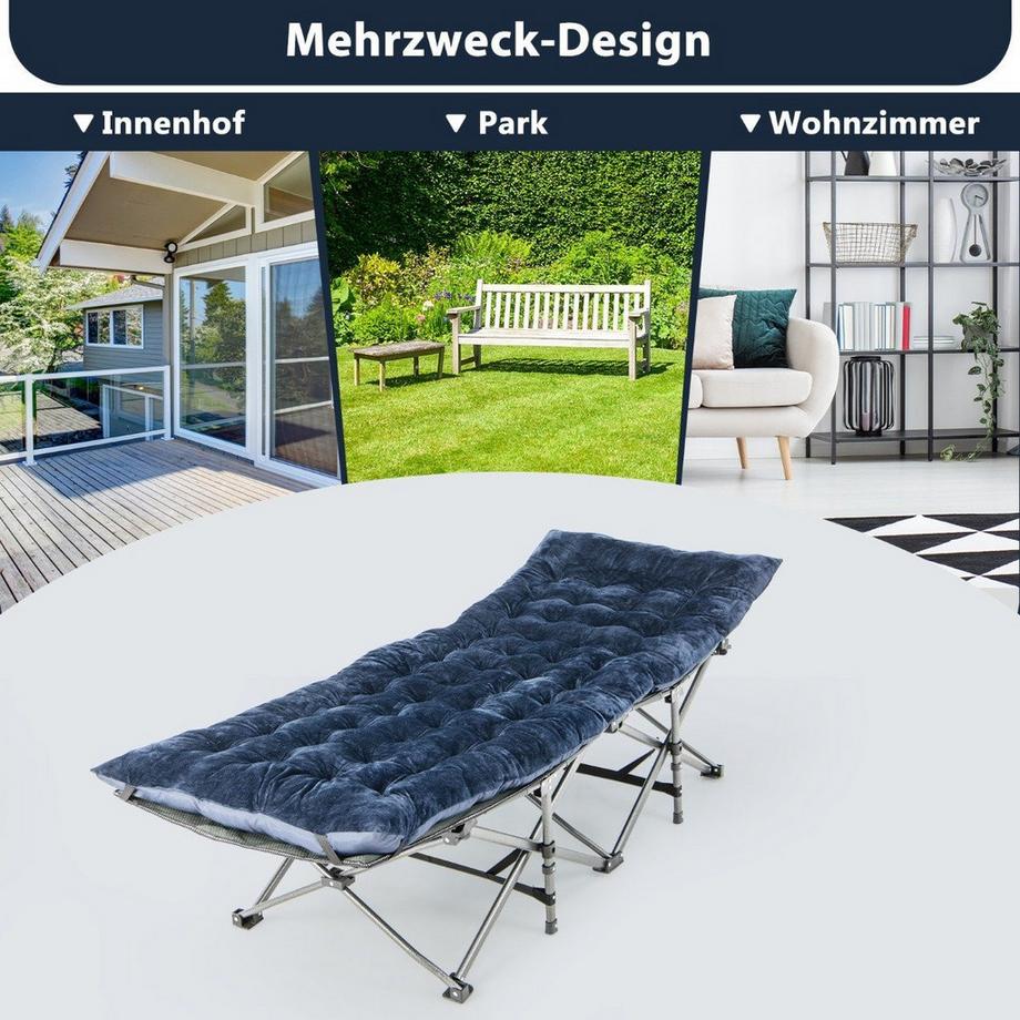 Coussin pour lit de camp en coton 190 x 70 cm Matelas épaisseur 7 cm avec 4 sangles de fixation bleu